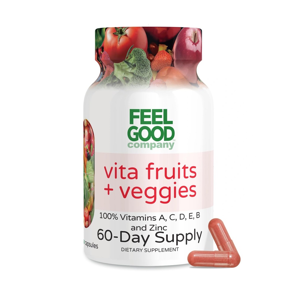FeelGood Superfoods Vita Fruits and Veggies Κάψουλες - 25 Superfood Συστατικά, Φρούτα και Φυτικά Πολυβιταμίνη, 60 Count - Για άνδρες και γυναίκες - Βιταμίνες A, C, D, E, B και Ψευδάργυρος