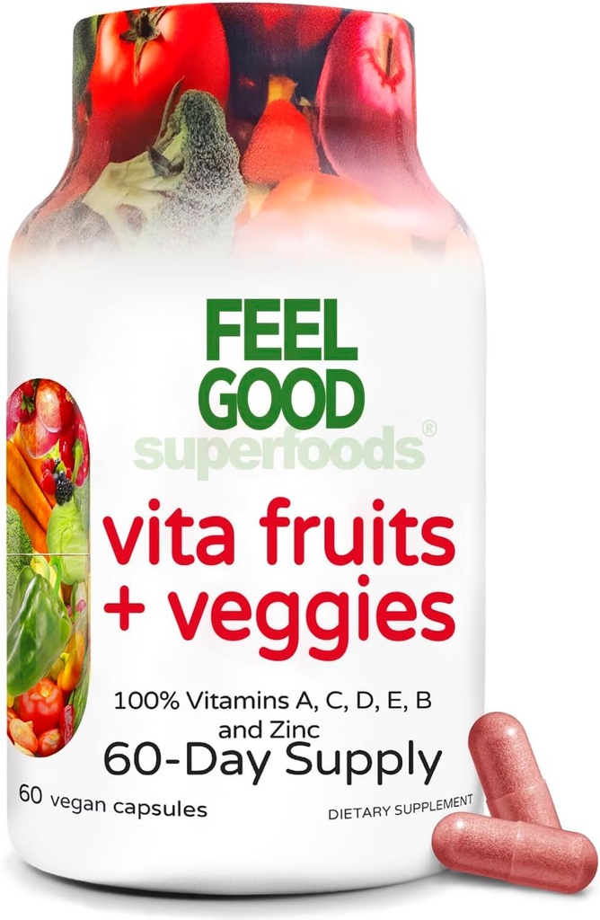 FeelGood Superfoods Vita Fruits and Veggies Capsules - 25 Superfood Ingredients, Fruit and Vegetable Multivitamin, 60 Count - For men and women - Vitamins A, C, D, E, B and Zinc