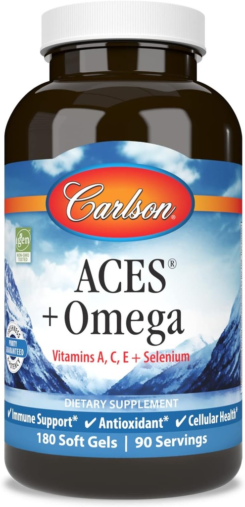 Carlson - ACES + Ωμέγα, Βιταμίνες A, C, E & Selenium + Omega-3s EPA και DHA, Υποστήριξη Υγείας, 180 Softgels