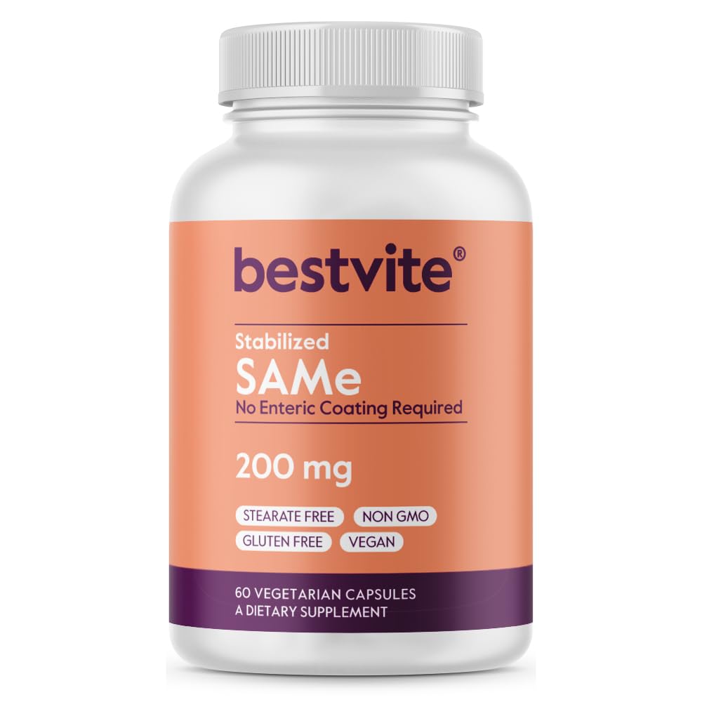 BESTVITE SAM-e 200mg Σταθεροποιημένο (60 κάψουλες χορτοφάγων) - Εύκολο στην κατάποση μορφή καψακίου - Δεν χρειάζεται Enteric Coat - Δεν υπάρχει Διοξείδιο του τιτανίου - Δεν Stearates - Vegan - Μη ΓΤΟ - Χωρίς γλουτένη