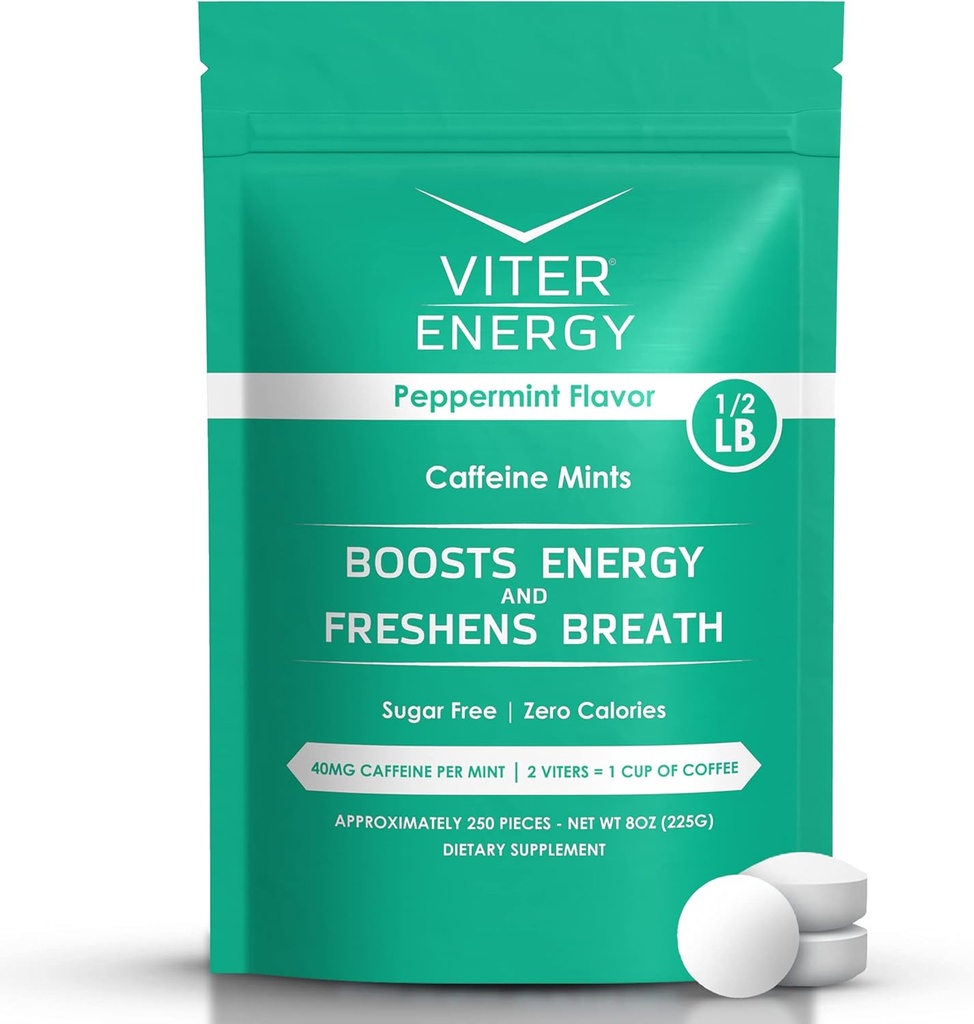 Viter Energy Caffeinated Mints 40mg Caffeine, B Vitamins, Sugar Free. (Peppermint, 8oz, Bulk Bag)