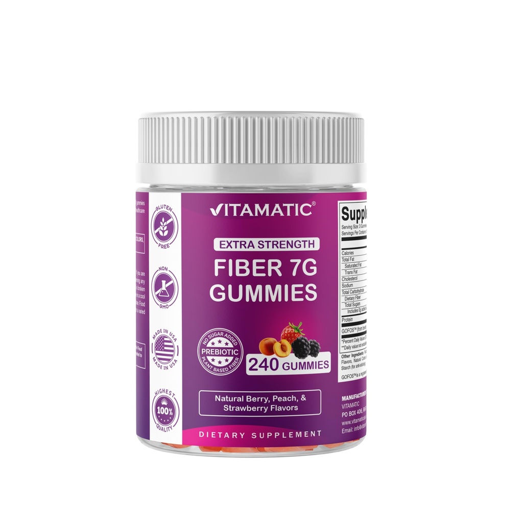 Vitamatic Prebiotic Fiber Gummies για ενήλικες, 7G Extra Strength, Zero Sugar Added, 240 Pectin Based Gummies, Digestive Health & Regularity Support