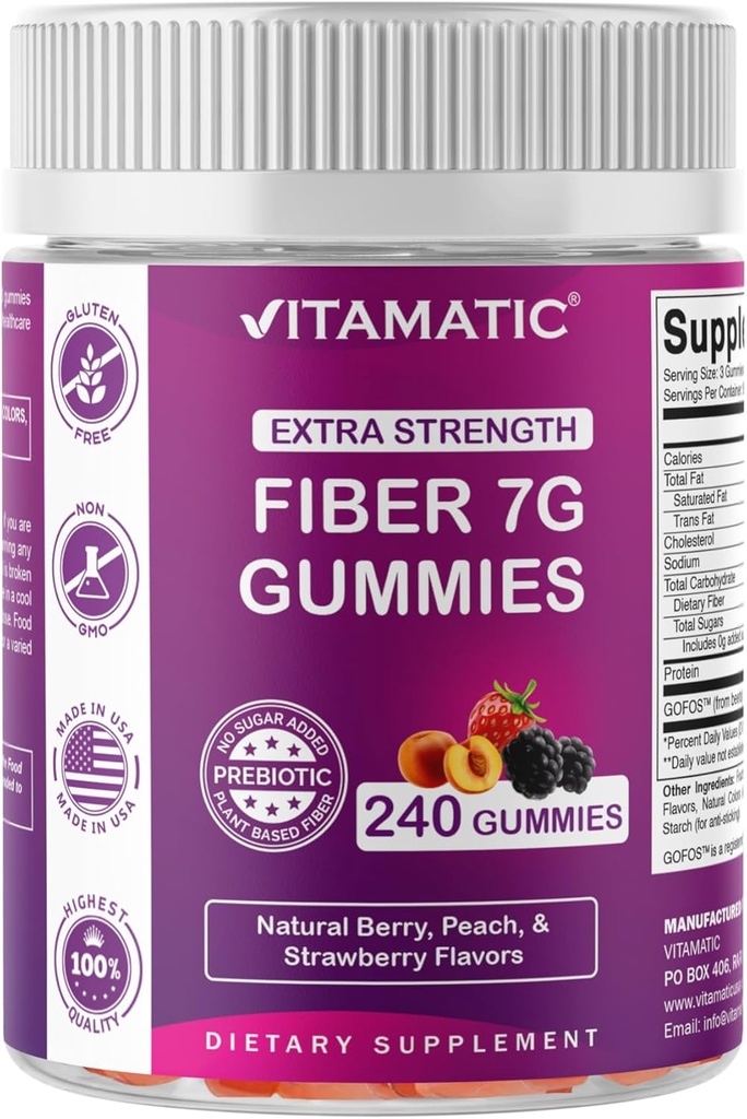 Vitamatic Prebiotic Fiber Gummies για ενήλικες, 7G Extra Strength, Zero Sugar Added, 240 Pectin Based Gummies, Digestive Health & Regularity Support