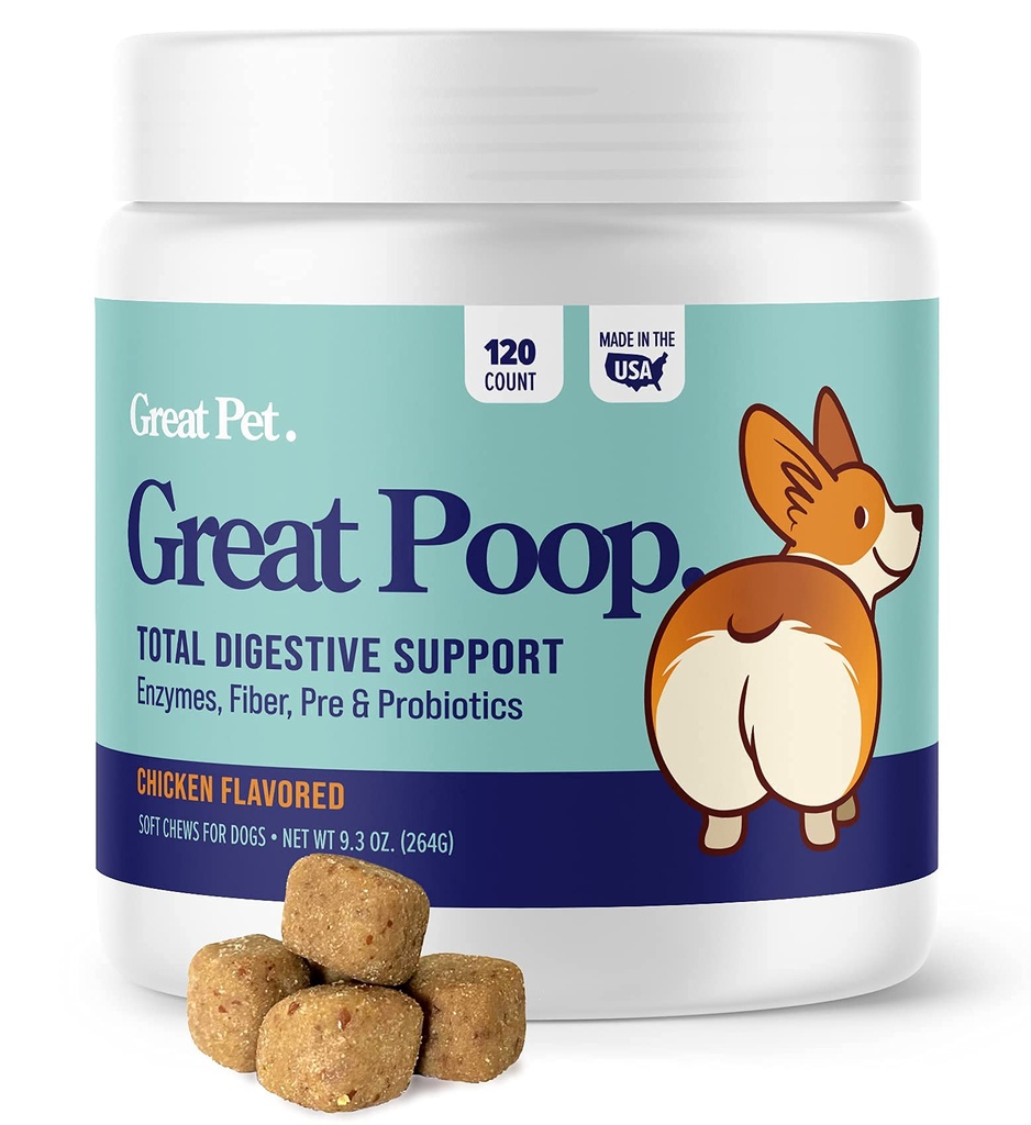 Great Poop Probiotics for Dogs - Fiber for Dogs Supplement with Dog Probiotics and Digestive Enzymes for a Healthy Gut, Firm Stool & Diarrhea Relief - Κοτόπουλο Γεύση Κατοικίδια Μαλακά Μάσημα με Προβιοτικά