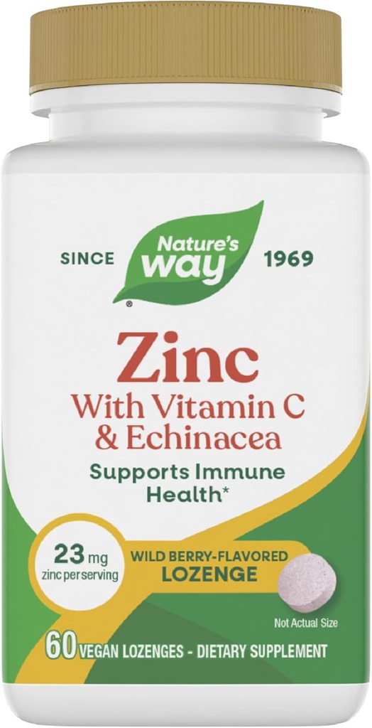 Nature's Way Zinc Lozenges with Vitamin C & Echinacea, Zinc Supplements for Men and Women, Immune Support*, Wild Berry Flavor, 60 Lozenges (Packaging May Vary)