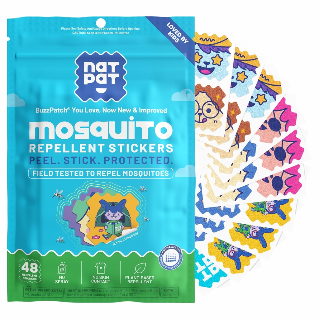 NATPAT Buzz Patch Mosquito Patch Stickers για παιδιά - Φυτά που βασίζονται συστατικά, μη-Τοξικά - Το αρχικό Όλα φυσικό Citronella Αιθέριο Έλαιο Insect Patch, DEET Δωρεάν, για Toddlers, Παιδιά (60 Pack)