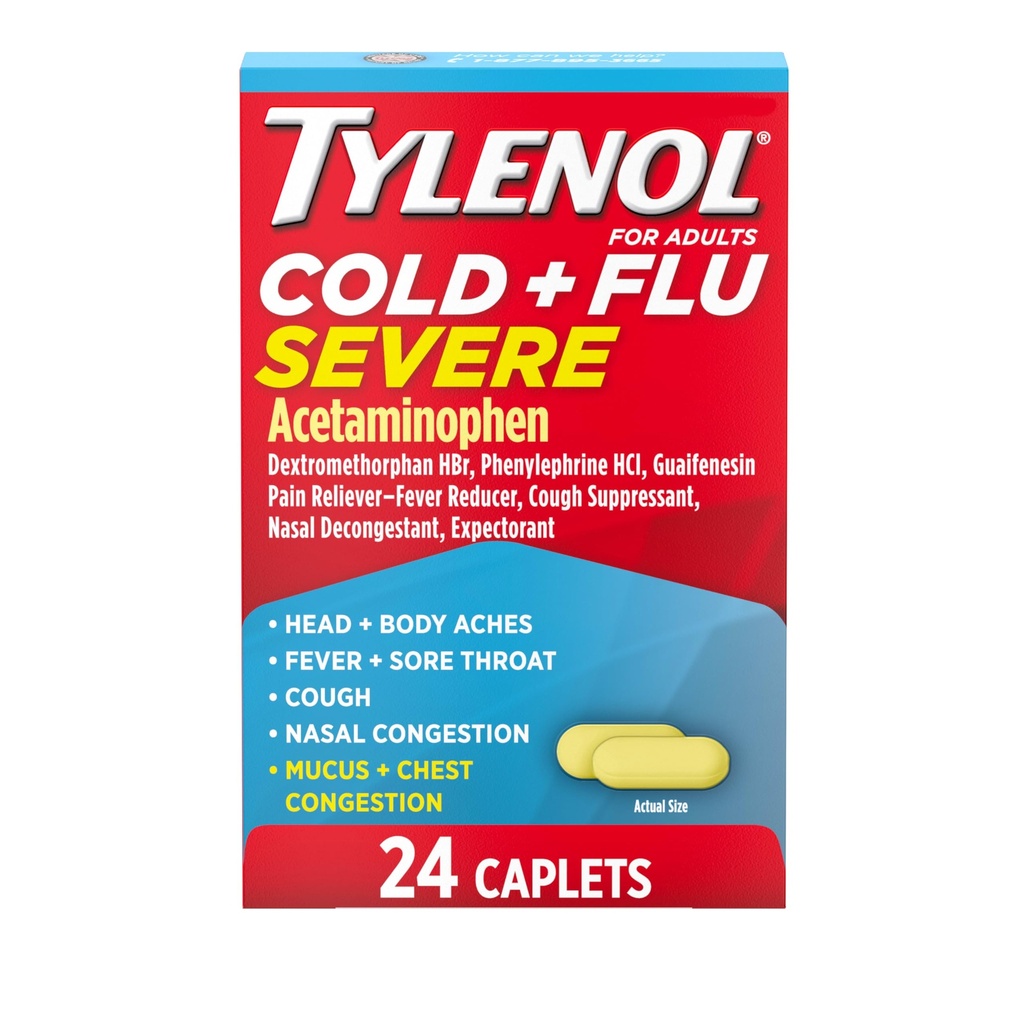Tylenol Cold + Flu Severe Medicine Caplets for Cold & Flu Symptom Relief, Fever Reducer, Pain Reliever, Cough Suppressant, Nasal Decongestant & Expectorant with Acetaminophen, 24 ct.