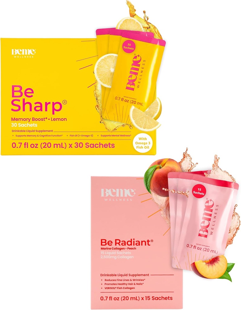 BeMe BeSharp & BeRadiant Peach Bundle - Liquid Omega-3 & Liquid Collagen Drink Supplements