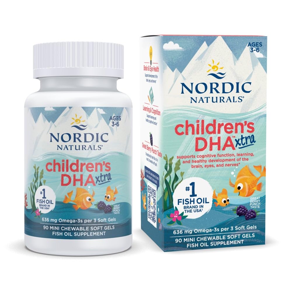 Nordic Naturals Children’s DHA Xtra, Berry Punch - 90 Mini Chewable Soft Gels for Kids - 636 mg Omega-3s EPA & DHA - Γνωστική & Ανοσολογική Λειτουργία, Μάθηση, Κοινωνική Ανάπτυξη - Μη ΓΤΟ - 30 Υπηρεσίες