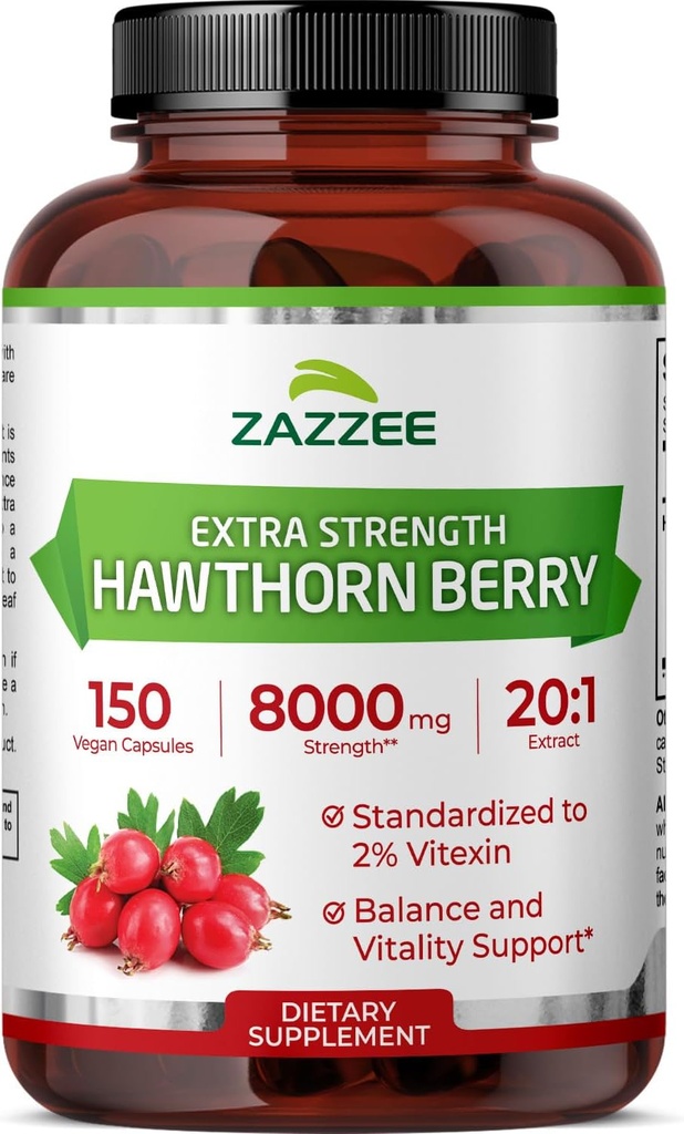 Zazzee Extra Strength Hawthorn Berry 20:1 Extract, 8000 mg Δύναμη, 2% Βιτεξίνη, 150 κάψουλες Vegan, 5 μήνες προσφοράς, συμπυκνωμένο και τυποποιημένο εκχύλισμα 20X, μη GMO και όλα-φυσικά