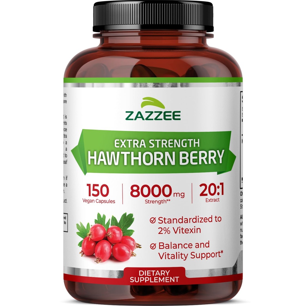 Zazzee Extra Strength Hawthorn Berry 20:1 Extract, 8000 mg Δύναμη, 2% Βιτεξίνη, 150 κάψουλες Vegan, 5 μήνες προσφοράς, συμπυκνωμένο και τυποποιημένο εκχύλισμα 20X, μη GMO και όλα-φυσικά