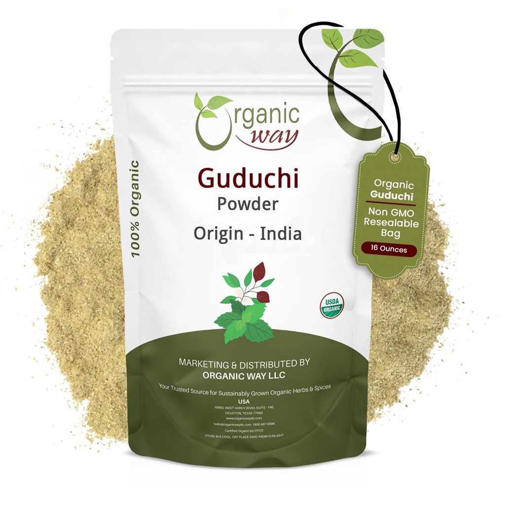 Organic Way Premium Grade Guduchi Powder (Tinospora cordifolia) - Organic & Kosher Certified | Raw, Vegan, Non GMO & Gluten Free | USDA Certified | Origin - India (1LBS / 16Oz)