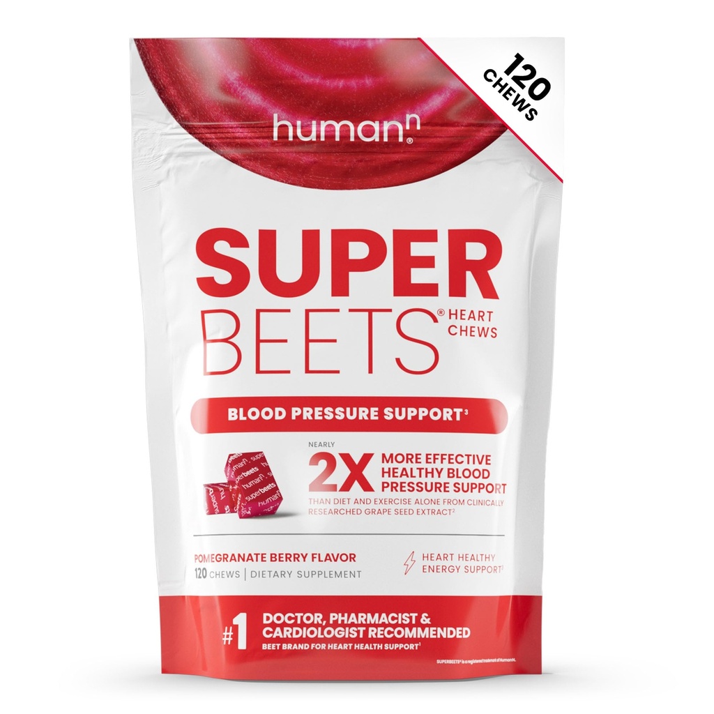 HumanN SuperBeets Καρδιά Chews, Nitric Oxide και υποστήριξη της πίεσης του αίματος, εκχύλισμα σπόρων σταφυλιού & μη GMO Beet Root Powder Energy, Ρόδι Berry Flavor, 120 Count