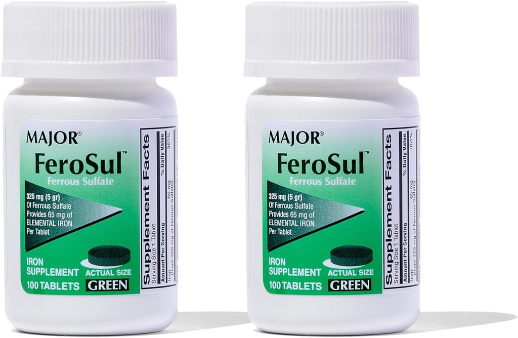 Major Ferosul - Σιδήρου Sulfate 325mg δισκία με 65mg στοιχειώδους σιδήρου - Συμπλήρωμα σιδήρου για γυναίκες, άνδρες - πράσινο - 100 κόμης (2 συσκευασία)