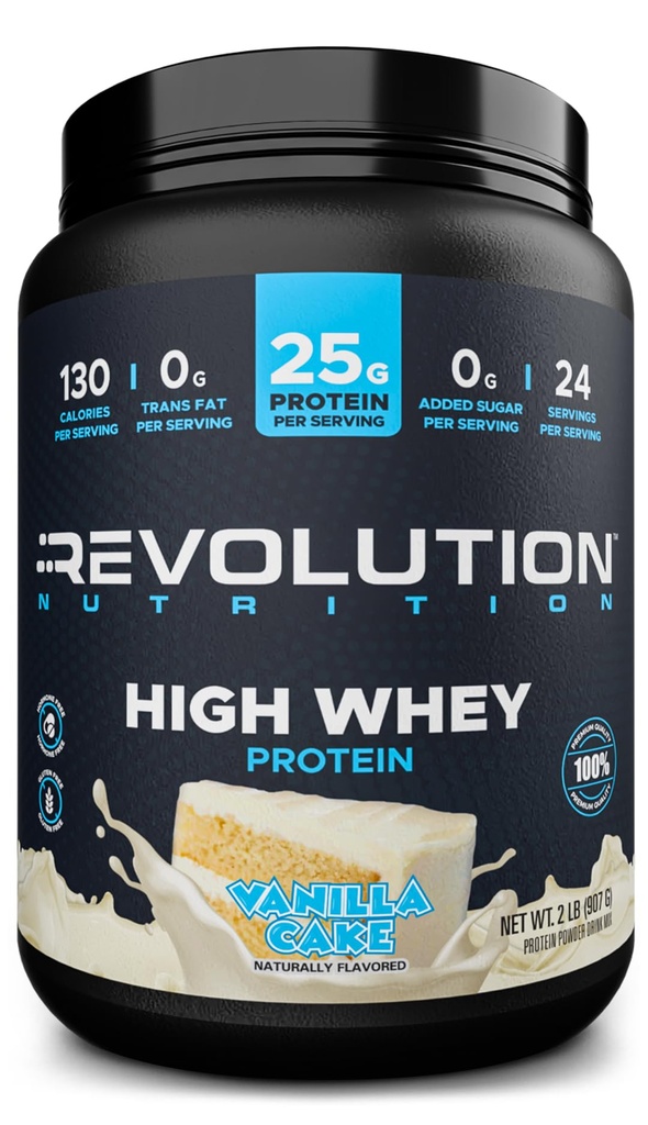 Revolution Nutrition, High Whey, Protein Powder 2LB, Gluten Free, Lean Myster Mass for Men & Women, 25g Protein Per Scoop, 907 g, 24 Servings (Vanilla Cake, 2 Λίρες)
