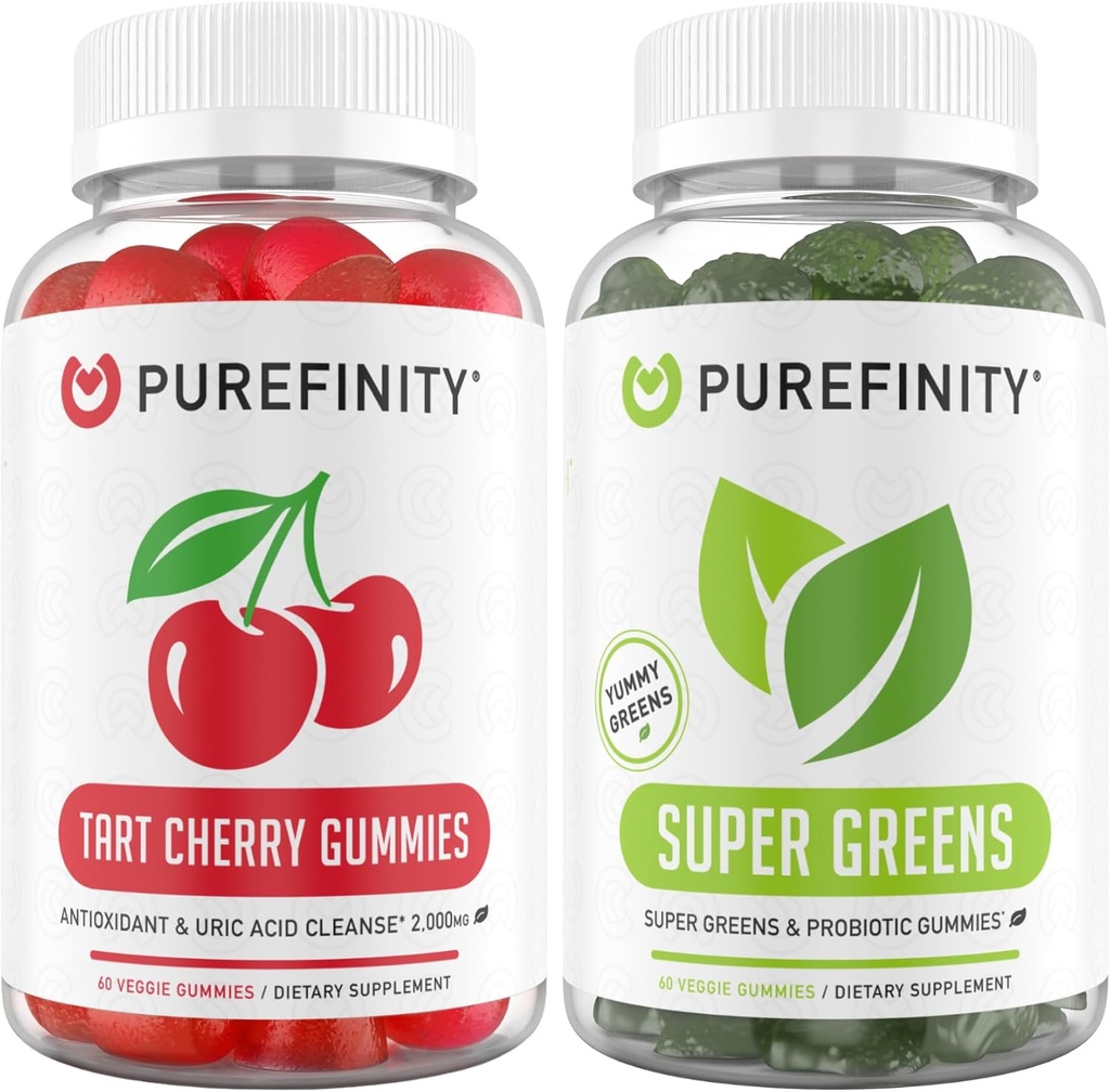 PUREFINITY Tart Cherry and Super Greens Gummies Bundle (Ουρικό οξύ Flush & Καθαρίστε με το καθημερινό σας πράσινο)