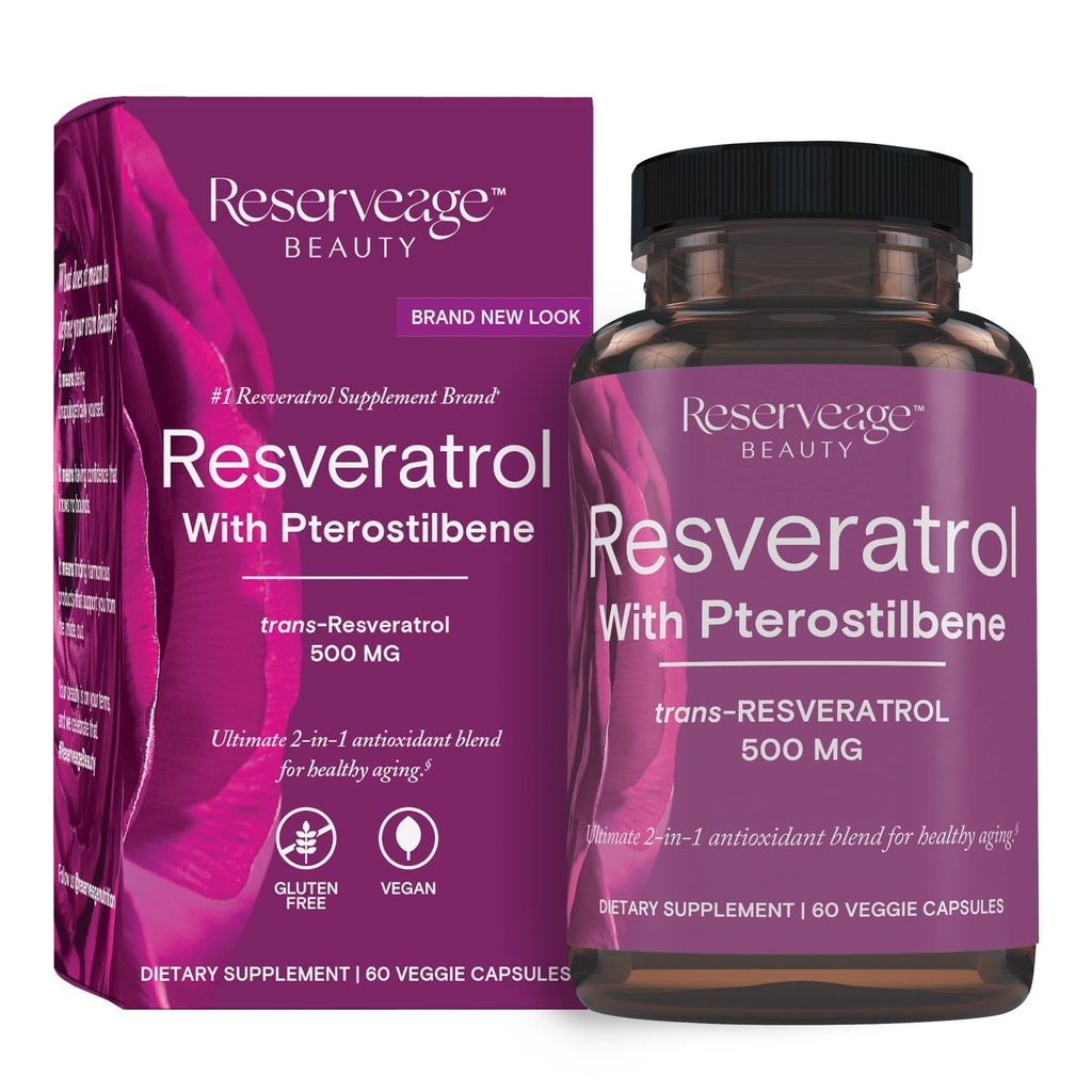 Reserveage Beauty, Resveratrol 500 mg with Pterostilbene, Antioxidant Supplement for Immune Support & Heart Health, Supports Healthy Aging, Paleo, Keto, 60 Capsules (60 Servings)