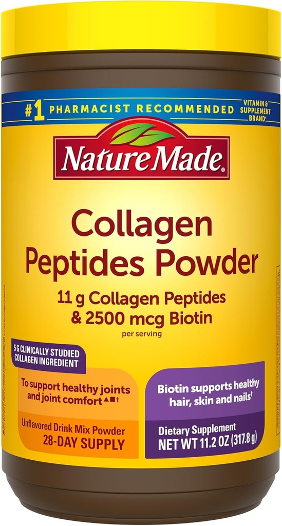 Nature Made Collagen Peptides Peptides Powder Type 1 and 3, Joint Support Collagen Powder Unflavored, Sugar Free, Keto Friendly with Biotin for Hair, Skin & Nails Support, 11.2 oz, 28 Day Supply