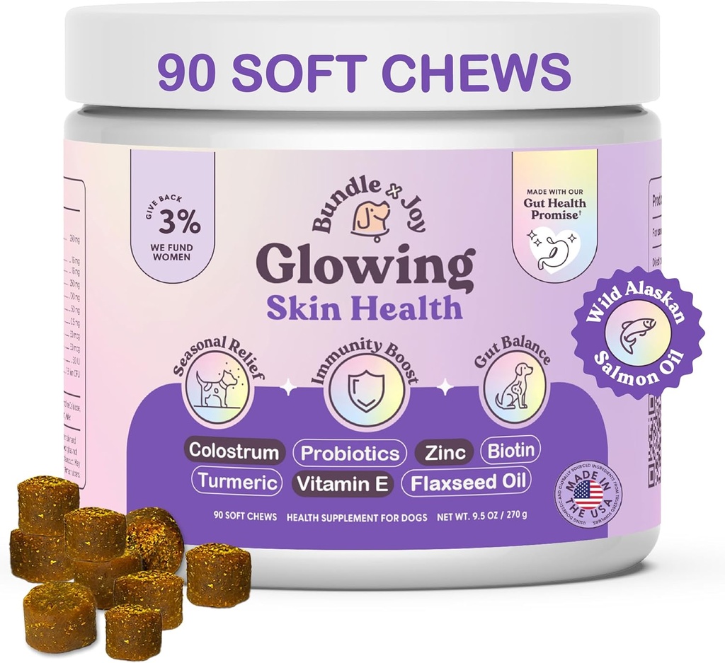 Bundle x Joy Lowing Skin and Coat Supplement for Dogs, 90 μαλακά μάσημα, Probiotics for Dogs with Colostrum, Ωμέγα 3 λιπαρά οξέα, λάδι σολομού, και κουρκουμά, Υποστηρίζει εποχιακές αλλεργίες & Ιτσινότητα