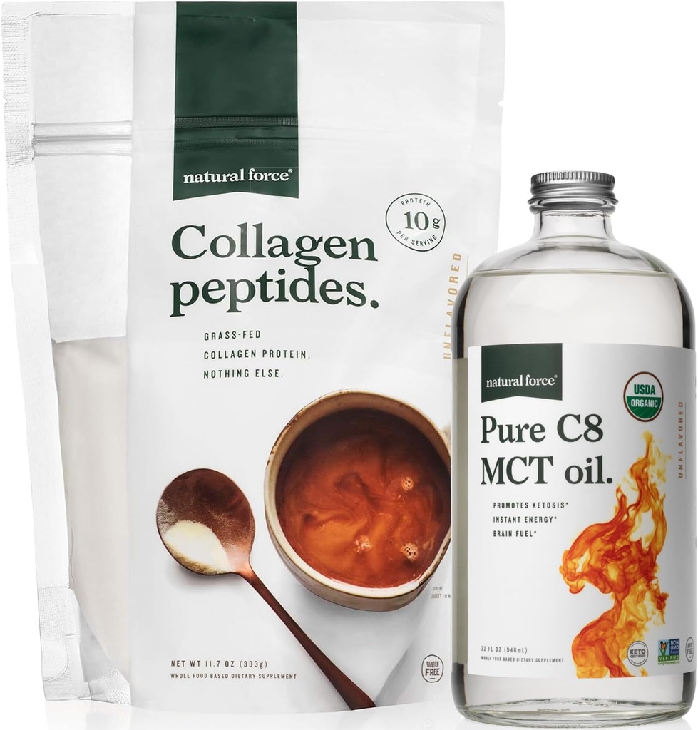 Οργανική MCT φυσικής δύναμης Λάδι + χόρτο Fed Collagen Peptides Bundle – οργανικά, μη ΓΤΟ, 100% καθαρό καρύδα MCTs & υδρολυμένα τύπου I και III πρωτεΐνη κολλαγόνου - 16 ουγγιά μπουκάλι και 11,7 τσάντα ουγγιάς