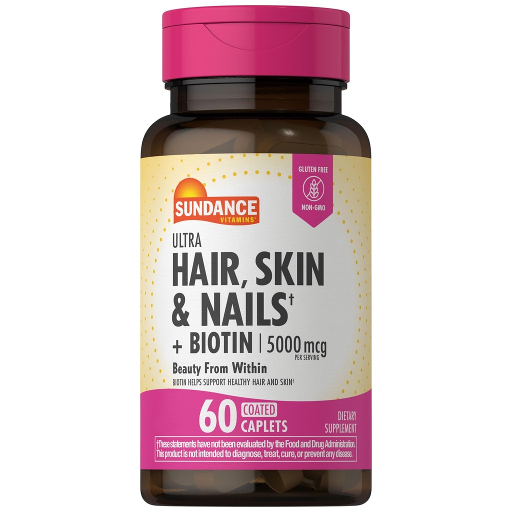 Sundance Hair, Skin & Nails Vitamins | 5000mcg | 60 Coated Caplets | with Biotin and Collagen | Non-GMO & Gluten Free Supplement