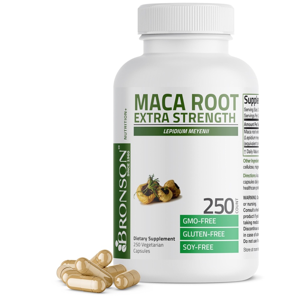 Bronson Maca Root Extra Lepidium Meyenii, μη ΓΤΟ, 250 κάψουλες χορτοφάγων