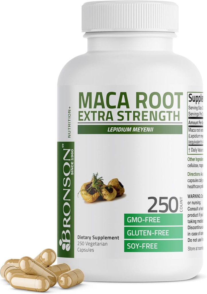 Bronson Maca Root Extra Lepidium Meyenii, μη ΓΤΟ, 250 κάψουλες χορτοφάγων
