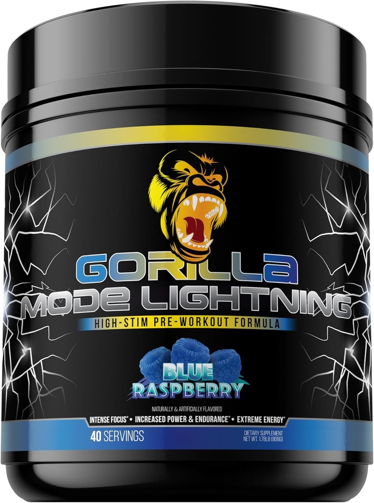 Λειτουργία Gorilla Lightning Pre-Workout - Extreme Energy · Laser Focus · Ισχυρές Αντλίες · Μέγιστη απόδοση - 550mg καφεΐνη, 13500mg L-Tyrosine, Alpha-GPC– 808g (Blue Raspberry)