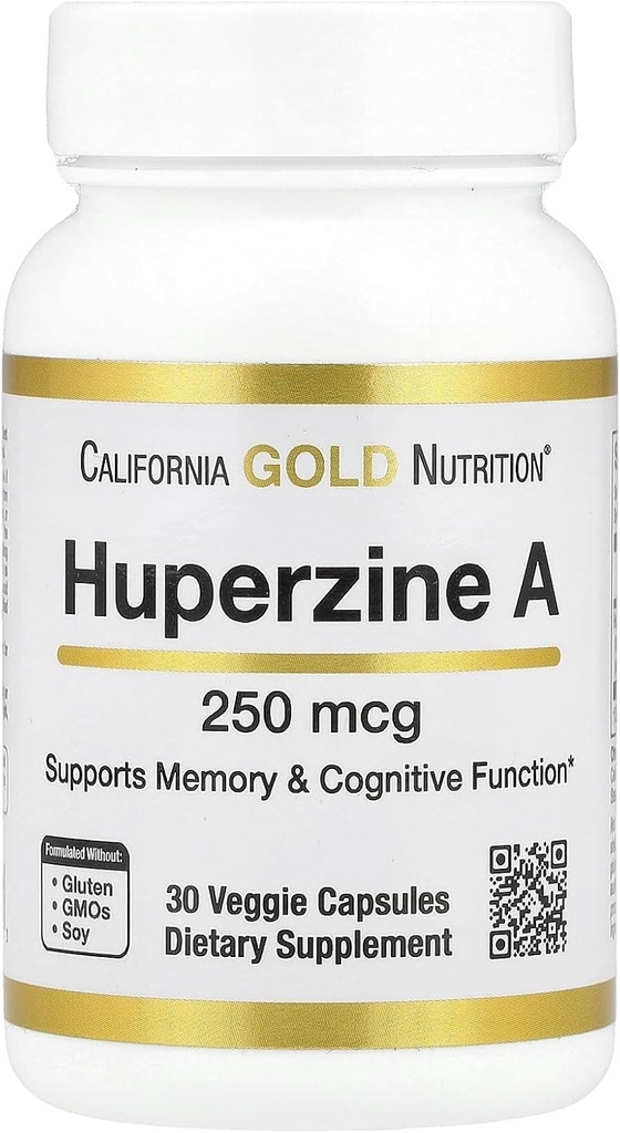 Huperzine A by California Gold Nutrition - Υποστήριξη για τη Μνήμη & Γνωστική Λειτουργία - Προάγει υγιή επίπεδα Acetylcholine - Vegan Friendly - Χωρίς γλουτένη, μη ΓΤΟ - 250 mcg - 30 κάψουλες Veggie