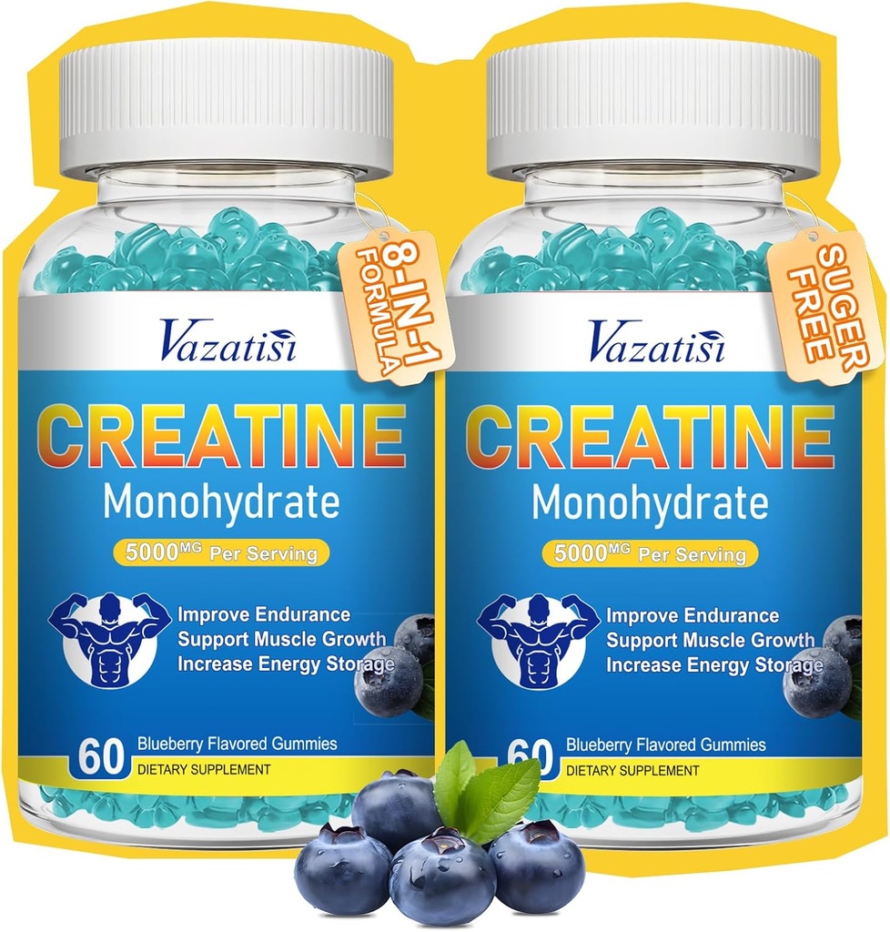 2 Pack Creatine Monohydrate Gummies για γυναίκες & άνδρες, χωρίς ζάχαρη Vegan Creatine συμπλήρωμα για την οικοδόμηση μυών, αύξηση της ενέργειας και της δύναμης, Blueberry άρωμα, 120 κόμης