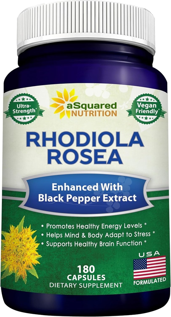 aSquared Nutrition Rhodiola Rosea Max Strength with Black Pepper Supplement - 180 Capsules - Max Absorption Powder Pills - Golden Root Herb for Stress Relief, Mood, Pure Focus & Energy - 500mg Per Cap