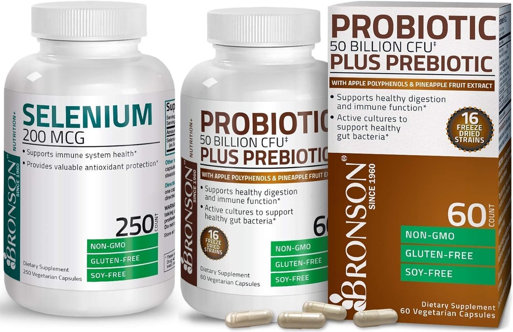 Bronson Probiotic 50 Billion CFU + Prebiotic με Apple Polyphenols & Pineapple Fruit Extract + Selenium 200 McG για ανοσοποιητικό σύστημα, Thyroid, Prostate και Heart Health