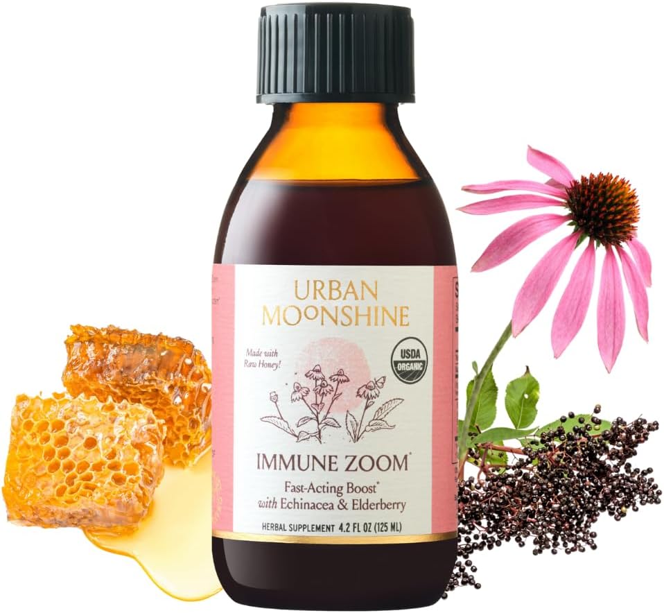 Urban Moonshine Immune Zoom - Fast-Acting Immunity Boost - Βιολογικό Syrup Elderberry - Echinacea - Ακατέργαστο Μέλι - Πιστοποιημένο Βιολογικό - Φυσικό - 4.2 Fl Oz