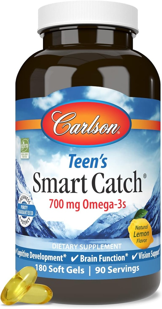 Carlson - Έξυπνη Αλιεία Εφήβων, 700 mg Ωμέγα-3, Γνωστική Ανάπτυξη, Λειτουργία Εγκεφάλου & Υποστήριξη Οράματος, Λεμόνι, 180 Softgels