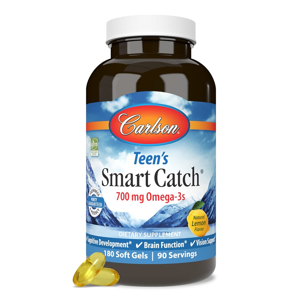 Carlson - Έξυπνη Αλιεία Εφήβων, 700 mg Ωμέγα-3, Γνωστική Ανάπτυξη, Λειτουργία Εγκεφάλου & Υποστήριξη Οράματος, Λεμόνι, 180 Softgels