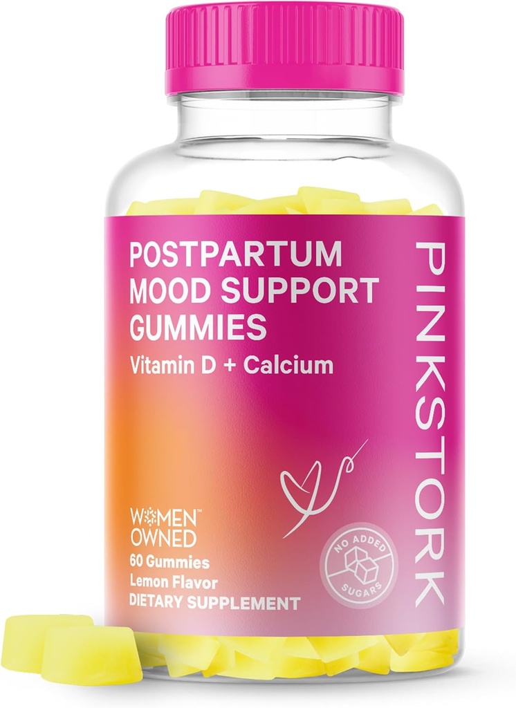 Pink Stork Postpartum Mood Support Vitamin D Gummies - Φυσική ορμονική ισορροπία για γυναίκες με μεταγεννητική βιταμίνη D3 και ασβέστιο - Επιλόχεια Απαραίτητα για το θηλασμό - 60 Lemon Drop Gummies
