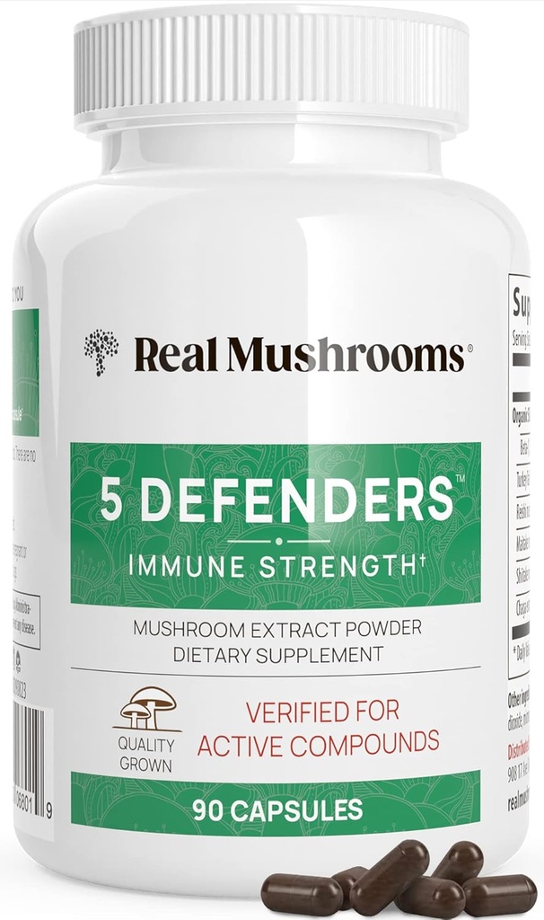 Real Mushrooms 5 Defenders - Adaptogenic Mushrooms Complex with Chaga, Reishi, Turkey Tail, Maitake & Shiitake for Wellness Support - Mushroom Beta Glucan Κάψουλες - 90 Count