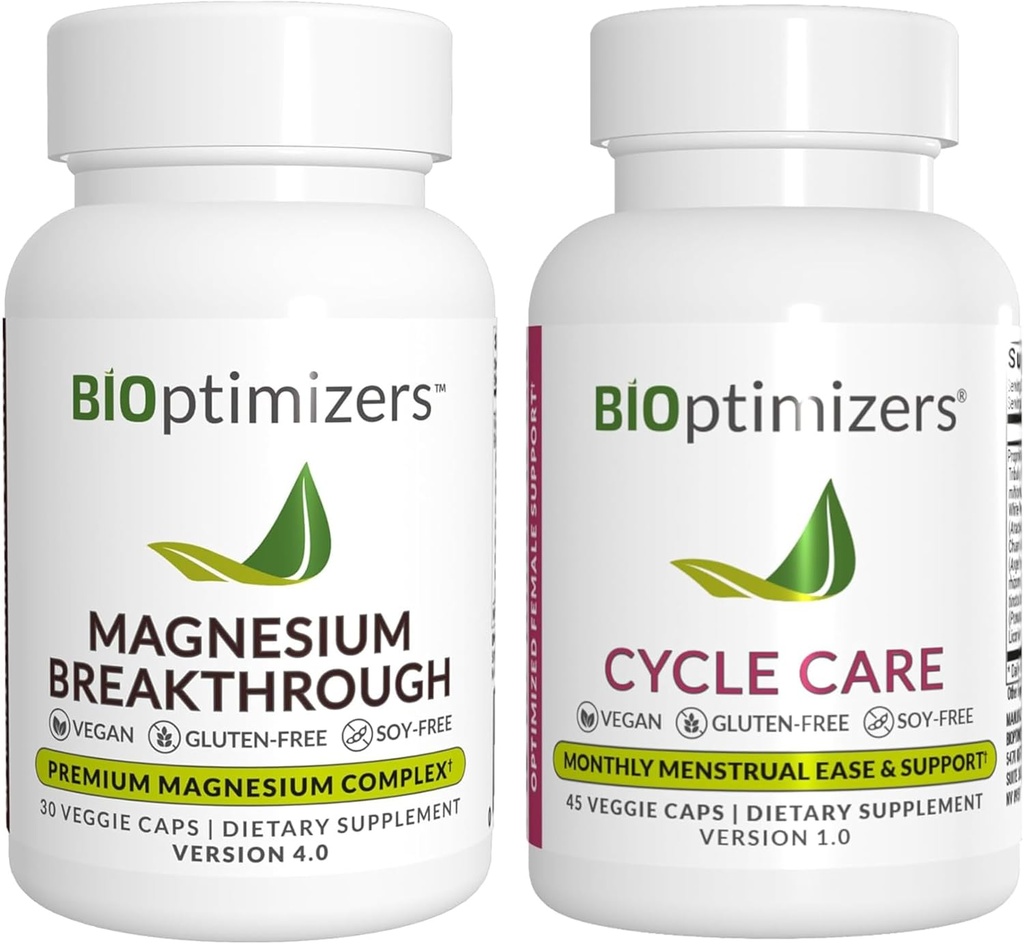 BiOptimizers Magnesium Breakthrough 4.0, (30 κάψουλες) & Cycle Care, (45 κάψουλες) - Φυσικός ύπνος, εγκέφαλος και έμμηνο συμπλήρωμα υποστήριξης