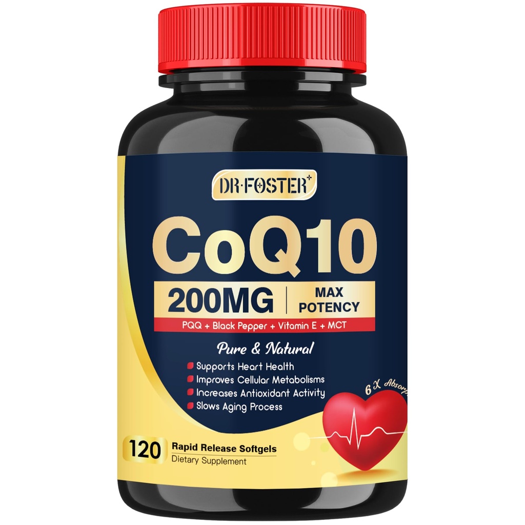 DRFOSTER Coq10 200mg, συνένζυμο Q10 για την παραγωγή αντιοξειδωτικών & ενέργειας, 6X υψηλότερη απορρόφηση Cq10 με εκχύλισμα βιταμίνης E & PQQ & μαύρου πιπεριού, Co q 10 συμπλήρωμα 120 σερβιρίσματος