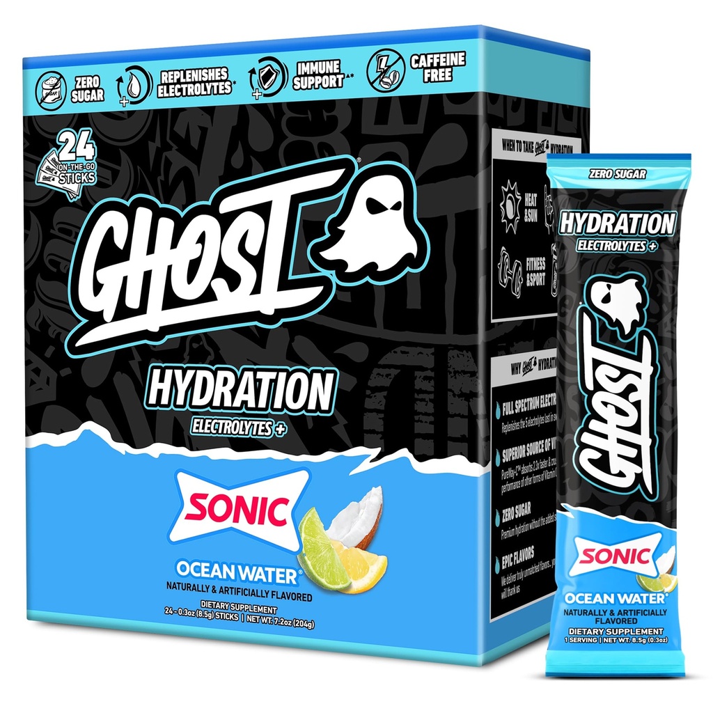 Συσκευασία ενυδάτωσης GHOST, Sonic Ocean Water, 24 Sticks, Ηλεκτρολυτική σκόνη - Συμπλήρωμα μειγμάτων ποτών με μαγνήσιο, κάλιο, ασβέστιο, βιταμίνη C - Vegan, χωρίς σόγια, ζάχαρη & γλουτένη