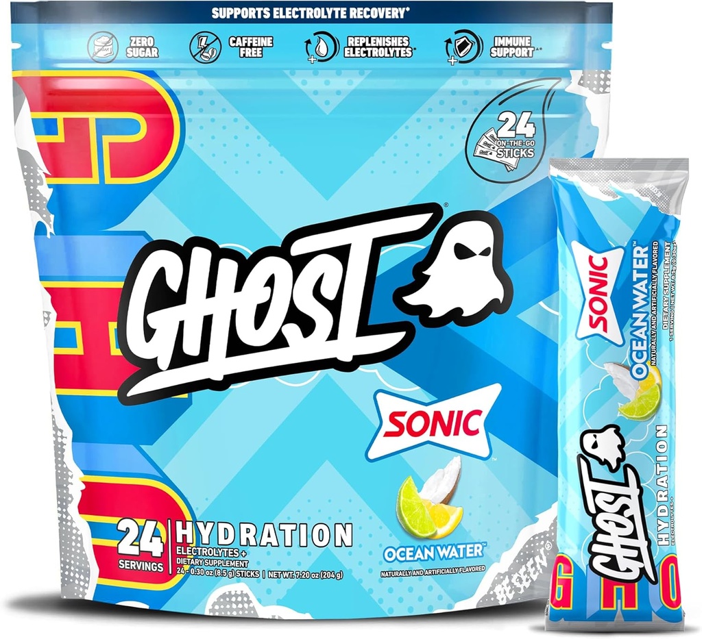 Συσκευασία ενυδάτωσης GHOST, Sonic Ocean Water, 24 Sticks, Ηλεκτρολυτική σκόνη - Συμπλήρωμα μειγμάτων ποτών με μαγνήσιο, κάλιο, ασβέστιο, βιταμίνη C - Vegan, χωρίς σόγια, ζάχαρη & γλουτένη