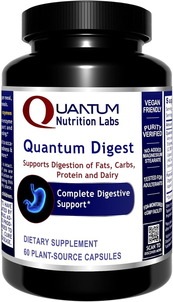 Quantum Nutrition Labs Quantum Digest - Digestive Health Enzymes for Women and Men, Digestion Support for Gut Health, Fully Active Vegan Enzyme Pills - 60 Χορτοφαγικές Κάψουλες