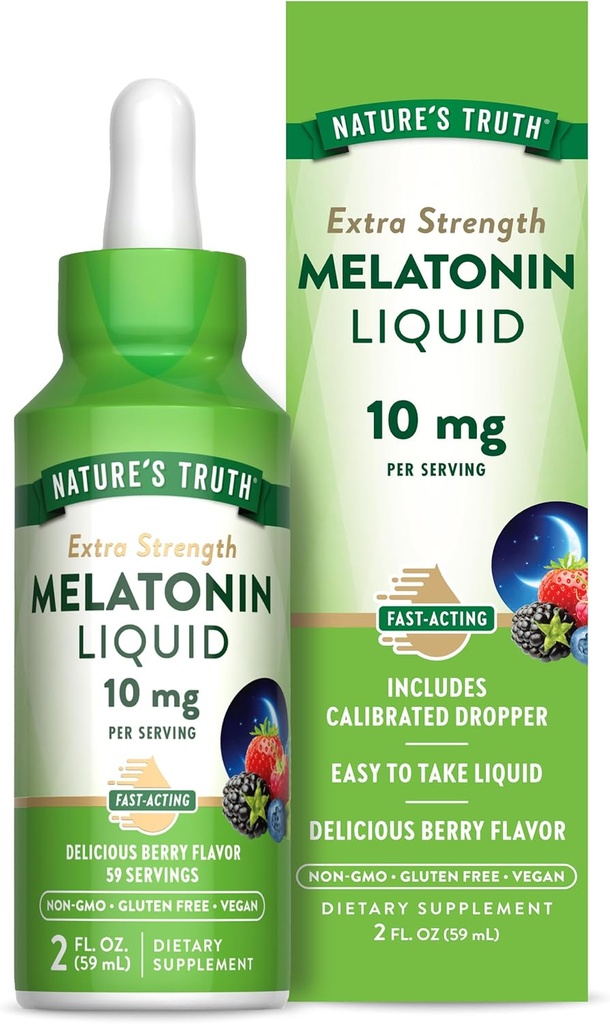 Nature's Truth Melatonin Liquid | 10 mg | 2 Fl oz Maximum Strength for Adults | Berry Flavor | Vegan, Non-GMO & Gluten Free Supplement