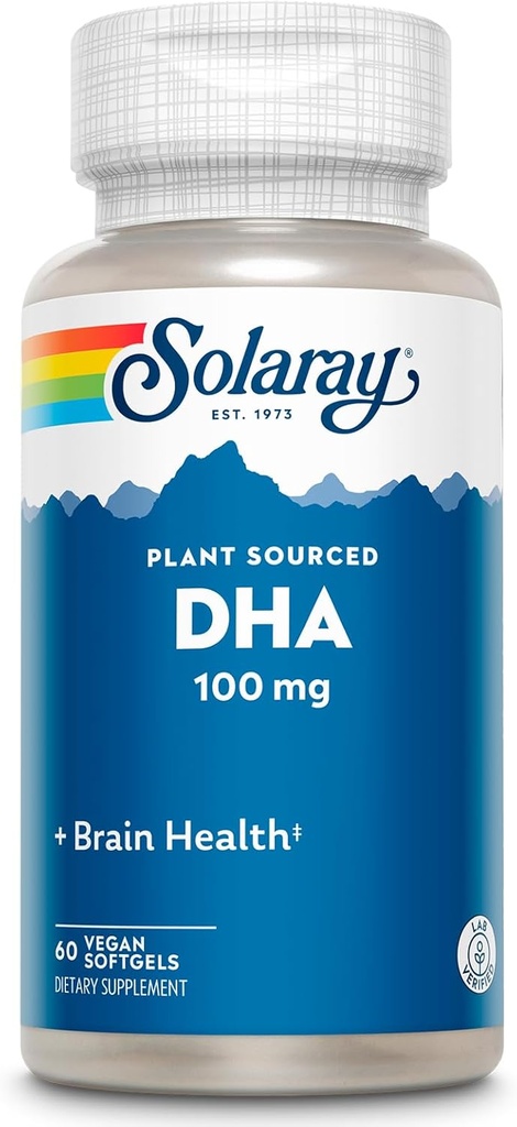 SOLARAY DHA Συμπληρώματα 100 mg - D H A Ωμέγα 3 Λιπαρά Οξέα για την υποστήριξη της ευεξίας, Προγεννητική DHA Omega 3 συμπλήρωμα - Φυτά που προέρχονται από Έλαιο Άλγης - 60-Ημέρα Εγγύηση, 60 Υπηρεσίες, 60 Vegan Softgels