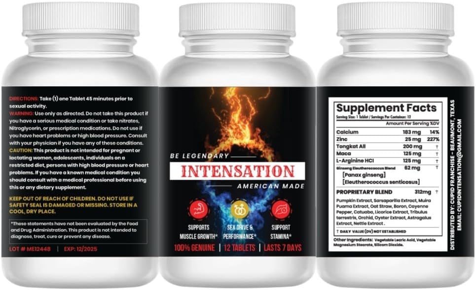 INTENSATION - Male Supplement - All Natural Stamina Support - Last Longer - Increase Size, Strength & Stamina - Improve Energy Level - Optimize Vitality - 12 Tablets