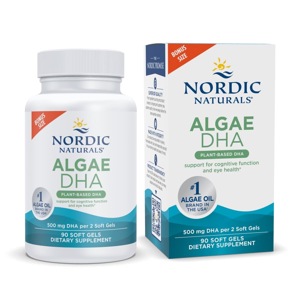 Σκανδιναβικά φυσικά Algae DHA - 90 μαλακά γέλη - 500 mg Omega-3 DHA - Πιστοποιημένο Έλαιο Vegan Algae - Βασισμένο σε φυτά DHA - Εγκέφαλος, μάτι & νευρικό σύστημα Υποστήριξη - Μη ΓΤΟ - 45 εξυπηρετήσεις