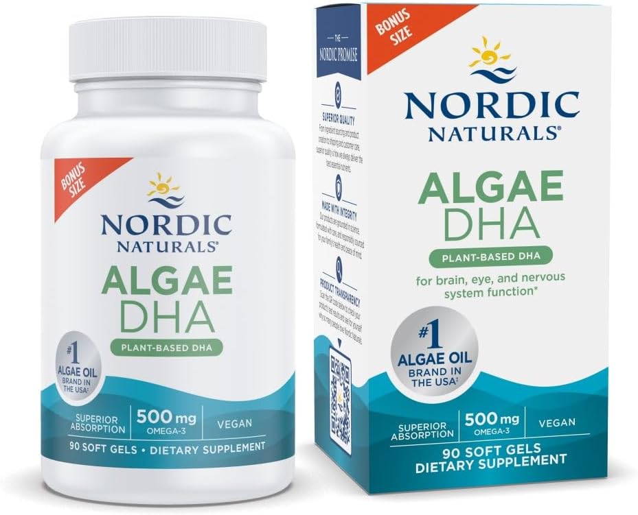 Σκανδιναβικά φυσικά Algae DHA - 90 μαλακά γέλη - 500 mg Omega-3 DHA - Πιστοποιημένο Έλαιο Vegan Algae - Βασισμένο σε φυτά DHA - Εγκέφαλος, μάτι & νευρικό σύστημα Υποστήριξη - Μη ΓΤΟ - 45 εξυπηρετήσεις