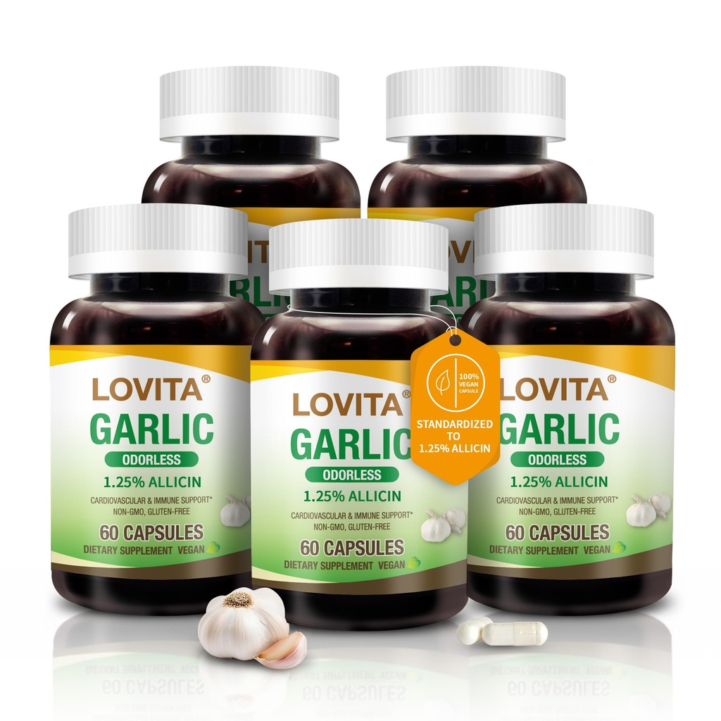 LOVITA Odorless Garlic Extract, High Potenct, Standardized to 1.25% Allicin, Supports Heart, Blood Pressure, Cholesterol & Immune System, Non-GMO, Gluten-Free, 300 Vegan Capsules