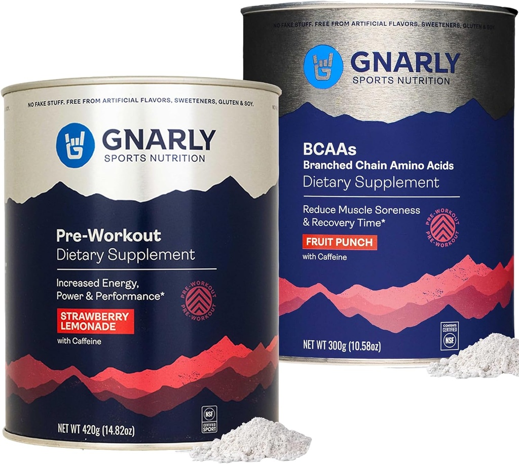 Gnarly Nutrition Gnarly Preworkout Λεμονάδα Φράουλα (14.82oz) BCAAs Punch Φρούτων (10.58oz)