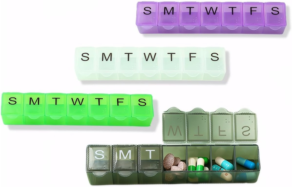 4 Pack Weekly (7-Day) Hill Organizer, 7 Days Pill Case Travel Daily Pill Box Portable Medicine Organizer and Planner with Compartment for Vitamins, Fish Oil, Συμπληρώματα και Φάρμακα (4 Χρώματα)